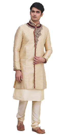 Gold color Sherwani in Brocade fabric with Bugle Beads, Cut Dana, Patch, Thread, Zardozi work