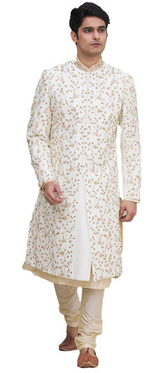 Beige and Brown color Sherwani in Silk fabric with Embroidered, Stone, Thread, Zari work