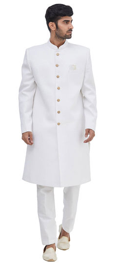 White and Off White color Sherwani in Polyester Silk fabric with Thread work