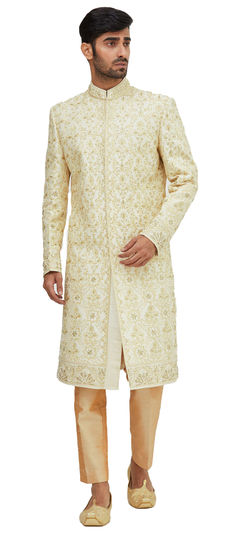 Beige and Brown color Sherwani in Raw Silk fabric with Embroidered, Resham, Stone, Thread, Zardozi work