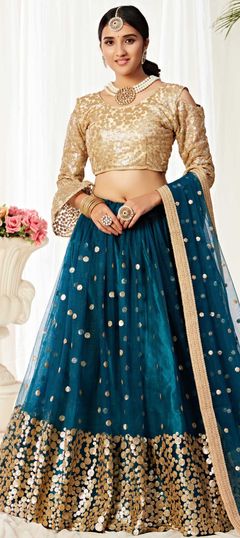 Blue color Lehenga in Net fabric with Sequence work