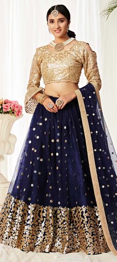 Blue color Lehenga in Net fabric with Sequence work