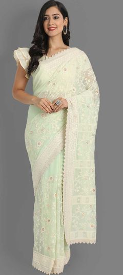 Green color Saree in Georgette fabric with Embroidered, Sequence, Thread work