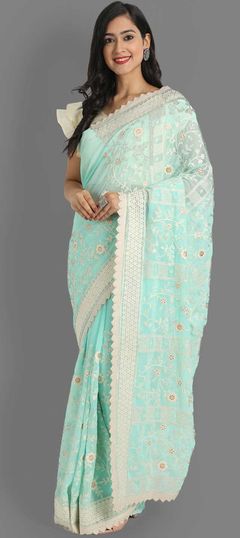 Blue color Saree in Georgette fabric with Embroidered, Sequence, Thread work