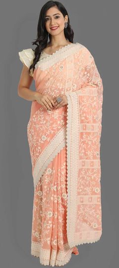 Pink and Majenta color Saree in Georgette fabric with Embroidered, Sequence, Thread work