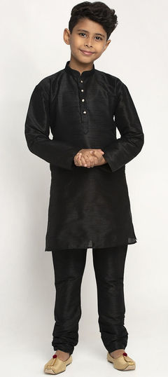 Black and Grey color Boys Kurta Pyjama in Art Dupion Silk fabric with Thread work : 1774344