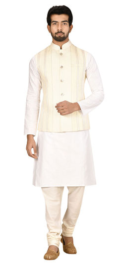 White and Off White color Kurta Pyjama with Jacket in Art Silk fabric with Weaving work : 1774509