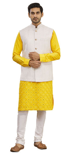 Yellow color Kurta Pyjama with Jacket in Art Silk fabric with Embroidered, Mirror, Resham, Thread work : 1774510