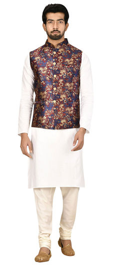 White and Off White color Kurta Pyjama with Jacket in Art Silk fabric with Weaving work : 1774513