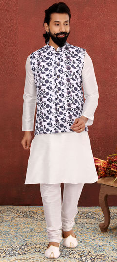 White and Off White color Kurta Pyjama with Jacket in Dupion Silk fabric with Floral, Printed work