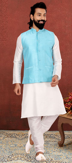 White and Off White color Kurta Pyjama with Jacket in Dupion Silk fabric with Thread work