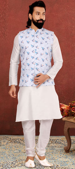 White and Off White color Kurta Pyjama with Jacket in Dupion Silk fabric with Floral, Printed work