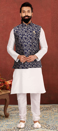 White and Off White color Kurta Pyjama with Jacket in Dupion Silk fabric with Weaving work