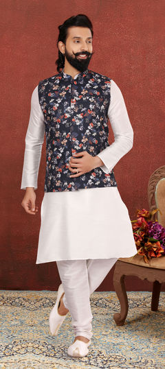 White and Off White color Kurta Pyjama with Jacket in Dupion Silk fabric with Floral, Printed work