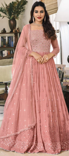 Pink and Majenta color Salwar Kameez in Georgette fabric with Embroidered, Mirror, Sequence, Thread work