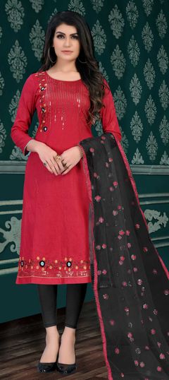 Red and Maroon color Salwar Kameez in Cotton fabric with Embroidered, Resham, Sequence, Thread, Zari work