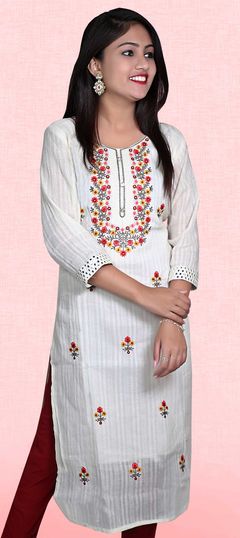 Casual White and Off White color Kurti in Cotton fabric with Long, Straight Embroidered, Thread work : 1775075