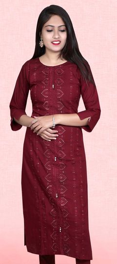 Casual Red and Maroon color Kurti in Rayon fabric with Long, Straight Embroidered, Sequence, Thread work : 1775077