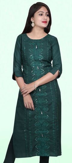 Casual Blue color Kurti in Rayon fabric with Long, Straight Embroidered, Sequence, Thread work : 1775078