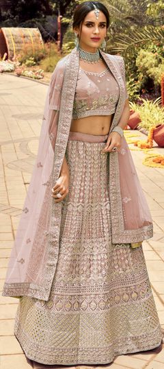 Bridal, Reception Pink and Majenta color Lehenga in Organza Silk fabric with A Line Gota Patti, Resham, Thread, Zari, Zircon work : 1775225