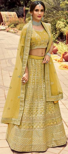 Bridal, Reception Yellow color Lehenga in Organza Silk fabric with A Line Gota Patti, Resham, Thread, Zari, Zircon work : 1775226