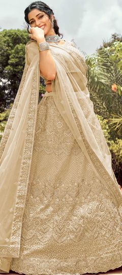 Bridal, Reception Beige and Brown color Lehenga in Organza Silk fabric with A Line Resham, Thread, Zari work : 1775227