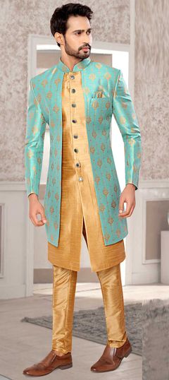 Blue color IndoWestern Dress in Jacquard fabric with Weaving work