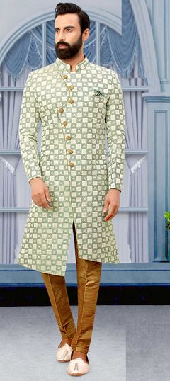 Blue color Sherwani in Brocade fabric with Printed work