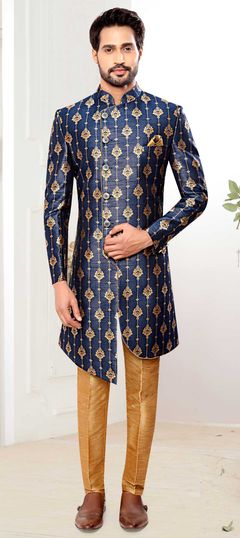 Blue color IndoWestern Dress in Jacquard fabric with Weaving work