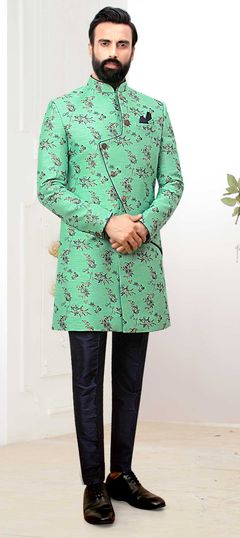 Blue color IndoWestern Dress in Brocade fabric with Floral, Printed work