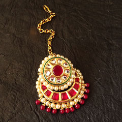 Gold Rodium Polish Red and Maroon color Mang Tikka in Brass, Copper, Metal Alloy studded with CZ Diamond, Pearl