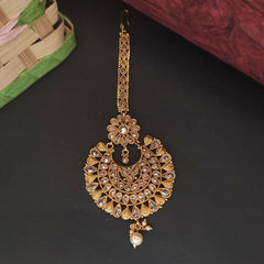 Gold Rodium Polish Beige and Brown color Mang Tikka in Brass, Copper, Metal Alloy studded with CZ Diamond, Pearl