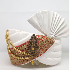 White and Off White color Turban in Dupion Silk fabric with Broches, Thread, Zari work