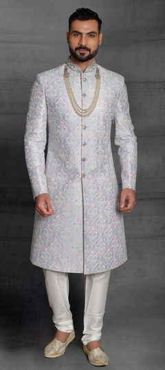 Black and Grey color Sherwani in Silk fabric with Embroidered, Sequence, Thread work