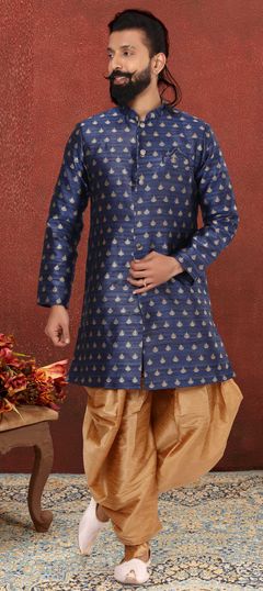 Blue color IndoWestern Dress in Jacquard fabric with Weaving work