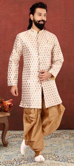 White and Off White color IndoWestern Dress in Jacquard fabric with Weaving work