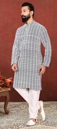 Black and Grey color Kurta Pyjamas in Georgette fabric with Embroidered, Thread work