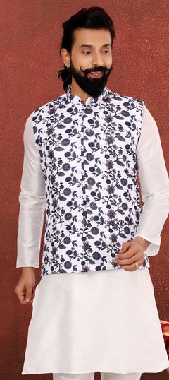 White and Off White color Nehru Jacket in Cotton fabric with Printed work