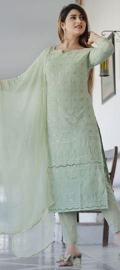 Festive, Party Wear Green color Salwar Kameez in Rayon fabric with Straight Embroidered, Sequence, Thread work : 1776192