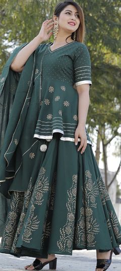 Green color Long Lehenga Choli in Cotton fabric with Block Print work