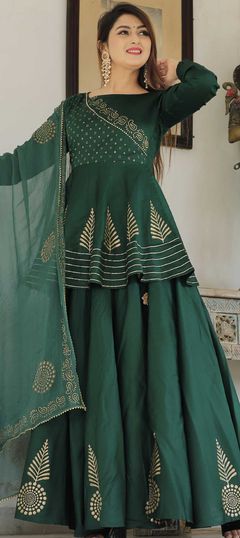 Green color Long Lehenga Choli in Art Silk fabric with Block Print work