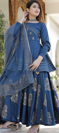 Blue color Long Lehenga Choli in Art Silk fabric with Block Print work