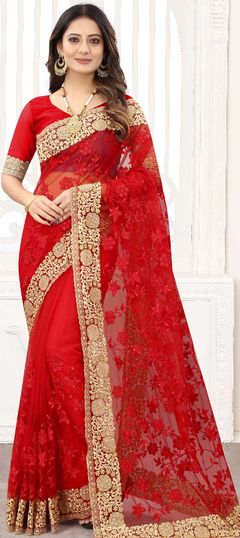 Red and Maroon color Saree in Net fabric with Embroidered, Stone, Thread, Zari work