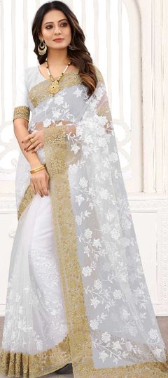 White and Off White color Saree in Net fabric with Embroidered, Resham, Thread, Zari work