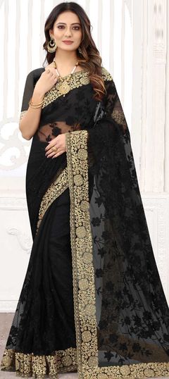 Black and Grey color Saree in Net fabric with Embroidered, Resham, Thread, Zari work