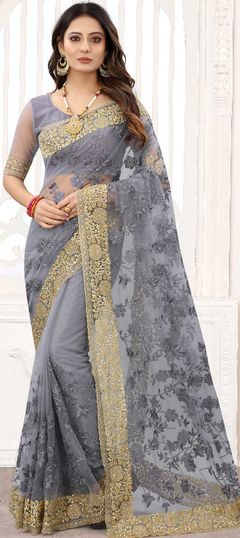 Black and Grey color Saree in Net fabric with Embroidered, Resham, Thread, Zari work