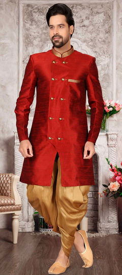 Red and Maroon color IndoWestern Dress in Dupion Silk fabric with Thread, Zari work