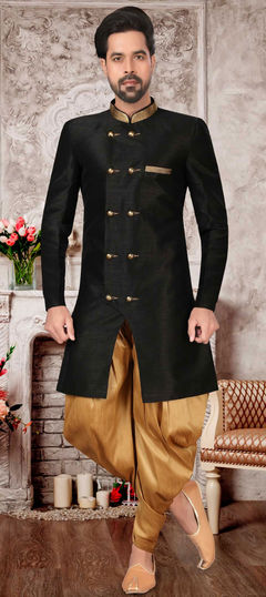 Black and Grey color IndoWestern Dress in Dupion Silk fabric with Thread, Zari work