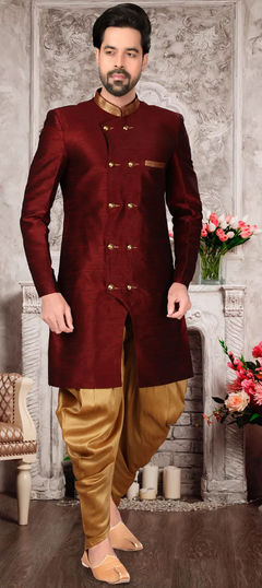 Red and Maroon color IndoWestern Dress in Dupion Silk fabric with Thread, Zari work