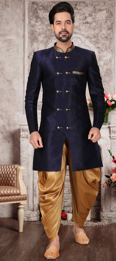 Blue color IndoWestern Dress in Dupion Silk fabric with Thread, Zari work